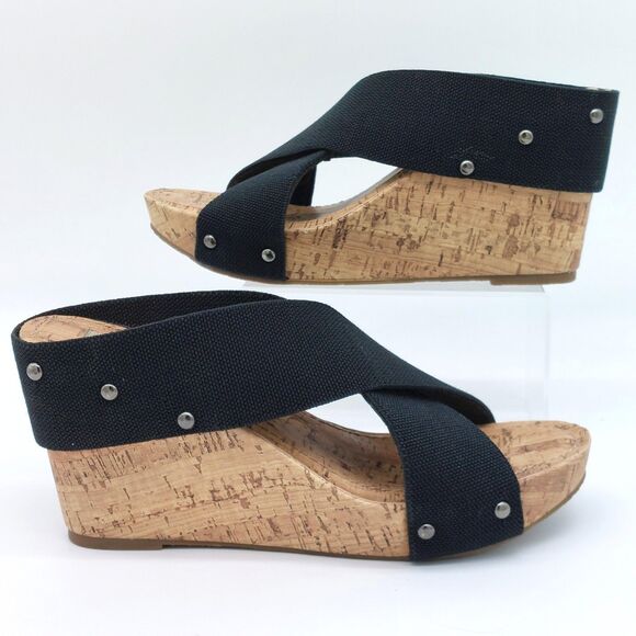 Esprit Black Cork Wedge Slide Sandals Women’s Sz 9M Criss Cross Canvas Platform - Picture 2 of 11